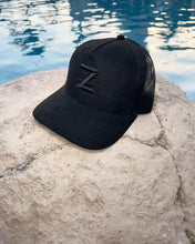 Load image into Gallery viewer, Black suede trucker cap.
